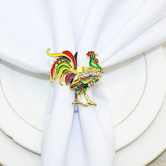 TEHAUX 4Pcs Creative Napkin Rings Rooster Metal Holders for Holiday Celebrations