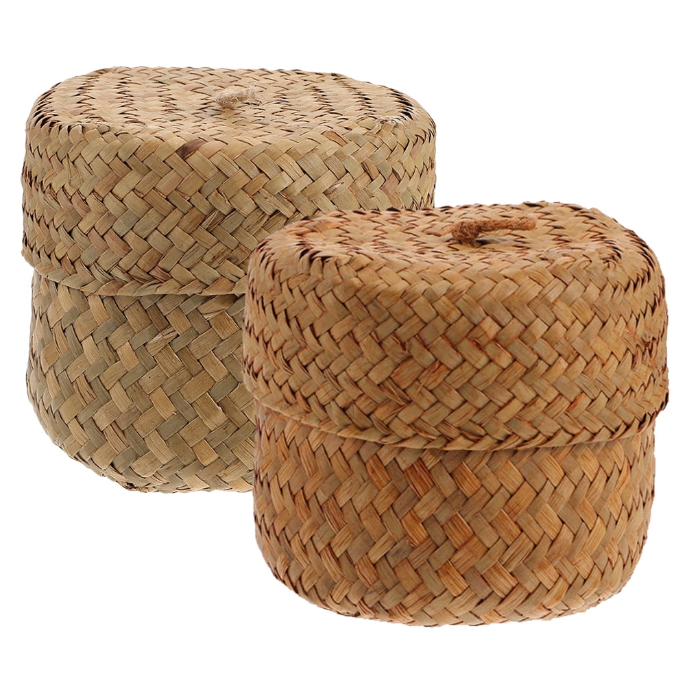 Handcrafted Light Brown Seagrass Woven Storage Baskets with Lids