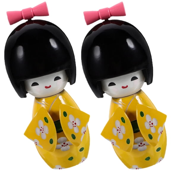 Raindrops 2Pcs Kimono Doll Wooden Puppet Simple Style for People Who Like Japanese Art Crafts and Families