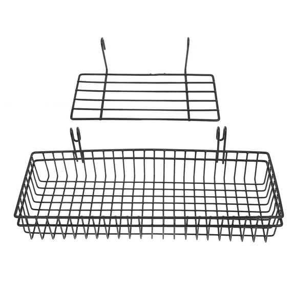 unbranded 2 Pcs Grid Wall Storage Basket Shelves Black Hooks Tinsel Office