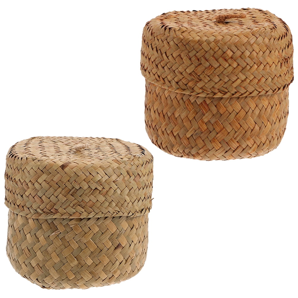 Handcrafted Light Brown Seagrass Woven Storage Baskets with Lids