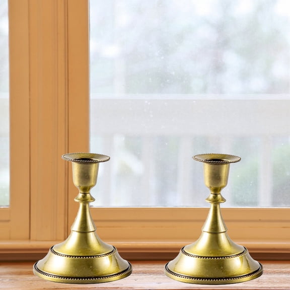 Set of 2 Unbranded Taper Candles with Fluted Golden Holders and Candlestick Sconces