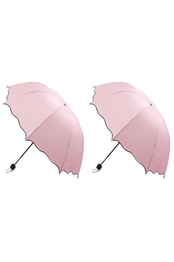 2pcs Triple Folding Dome Ruffled Parasol Sun Rain Umbrella Anti-UV Parasol (Pink)