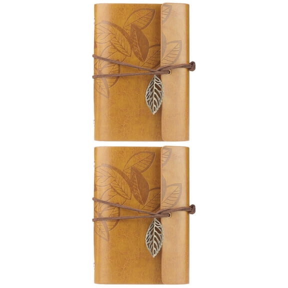 unbranded 2pcs Vintage Style Leaf Leaves Pattern PU Cover Loose-leaf String Bound Blank Notebook Notepad Travel Journal Diary Jotter - Size S (Yellow)