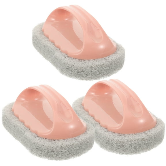 unbranded 3 Pcs Bathroom Cleaning Brush with Handle Pink Scrubber Sponges