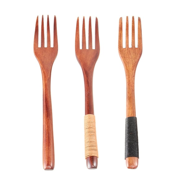 unbranded 3pcs Japanese Style Fork with Tied Line on Handle Wooden Four-teeth Forks Tableware for Home