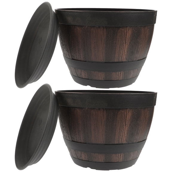 unbranded 4 Sets  Imitation Wood Barrel Planter Vintage Planting Flower Pot for Garden Yard