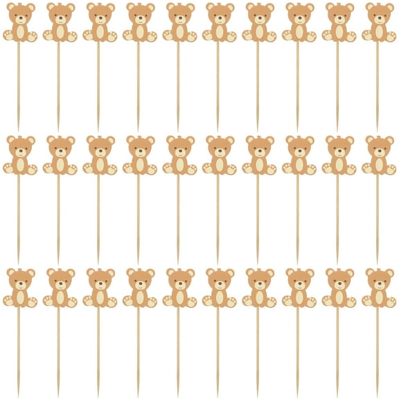 50 Pcs Bear Themed Cake Toppers for Decor Made of Safe Bamboo and Paper Light Brown