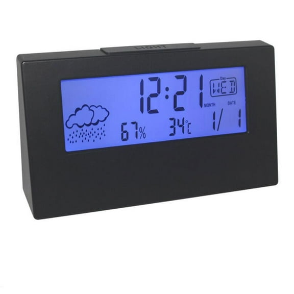 HOOWIFFY Electric Alarm Clock With Weather Black 1Pack Multi-Function Snooze Alarm