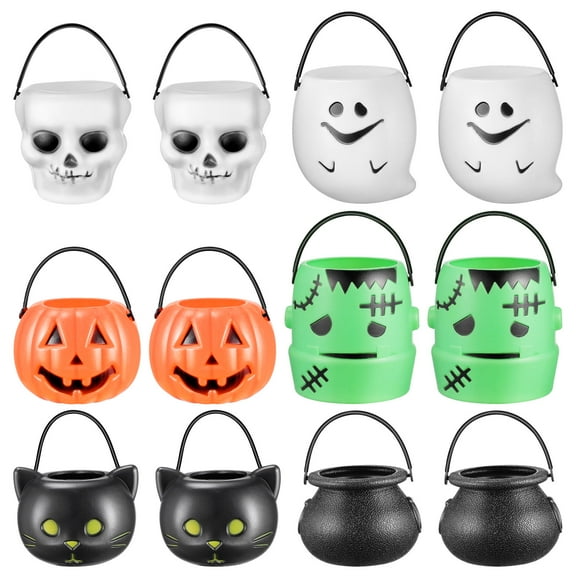 unbranded Cabilock 12PCS Halloween Pumpkin Bucket Trick or Treat Pots Candy Holder Pail with Handle Skull Ghost Bucket Party Supplies
