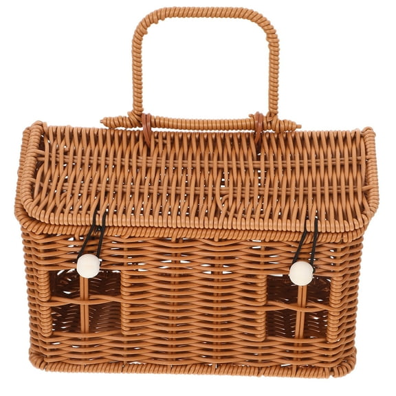 unbranded House Shaped Basket With Lid Easter Basket Plastic Rattan Storage Basket Portable Picnic Baskets Woven Shelf Organizer For Kids Home Decor Photo Prop