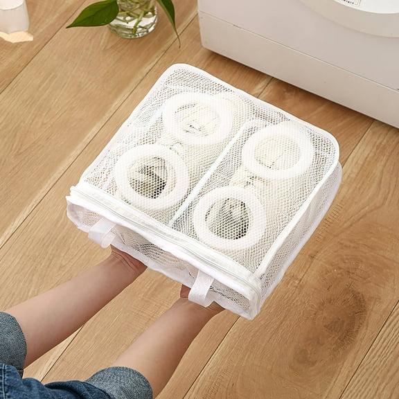 OUNONA Portable White Mesh Shoe Dryer Bag for Machine Washing and Quick Drying, Breathable Laundry Shoe Protector