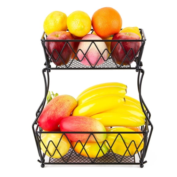 OUNONA Black Two-Tier Kitchen Fruit Storage Rack with Iron Stand for Countertop and Cabinet Organization