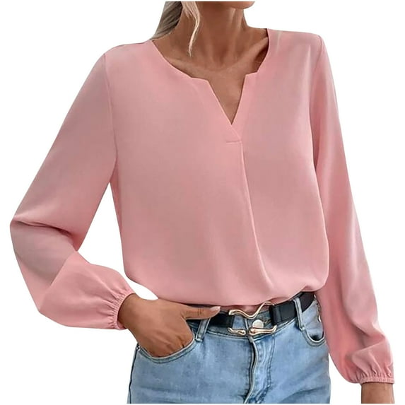 under 10.00 LYXSSBYX Solid Long Sleeves Women Tops Satin Socket V-Neck Solid-color Commute Long Sleeve Blouses Shirt Tops