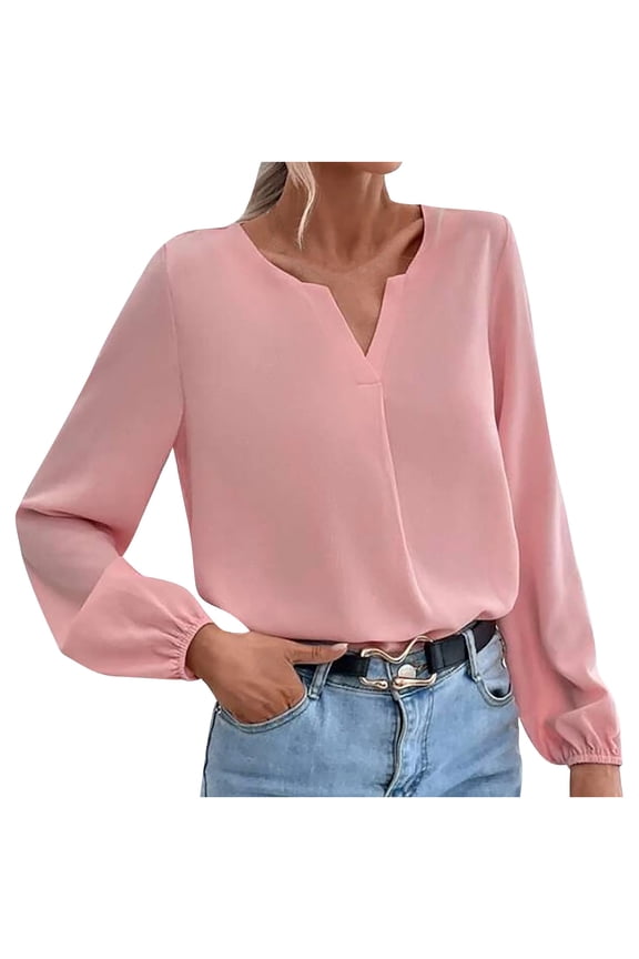 under 10.00 LYXSSBYX Solid Long Sleeves Women Tops Satin Socket V-Neck Solid-color Commute Long Sleeve Blouses Shirt Tops