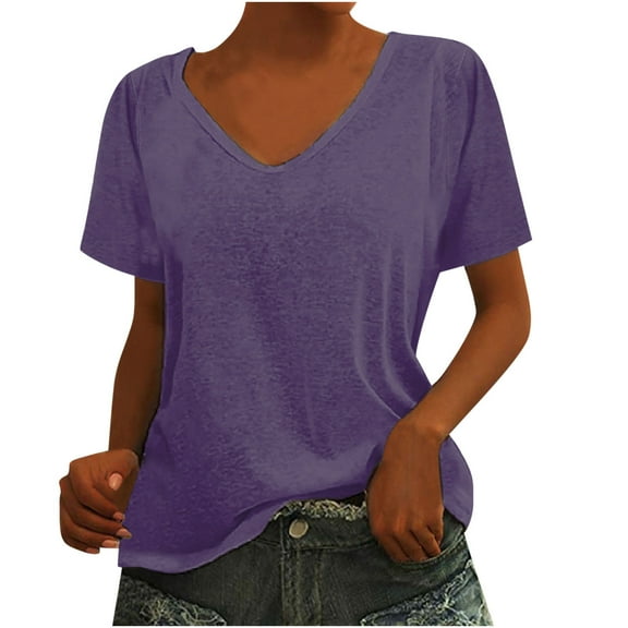 under $10 Charella Women's Casual U-Neck Short Sleeve T-Shirts Solid Summer Blouses Tops Purple,XL