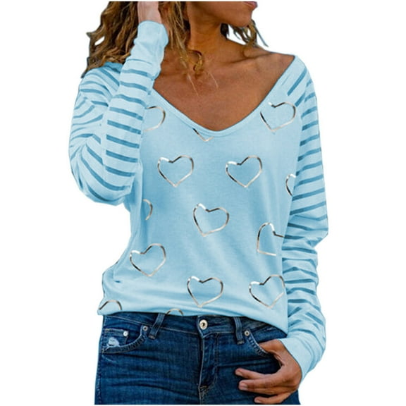 under $10 Charella Women‘’s O-Neck Loose Casual Love Printing Long Sleeve Fashion T-shirt Blue,XXL