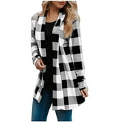 CHARELLA under $10 Coats For Women Plaid Printed Sweaters Shirt Long Sleeve Cardigan Outerwear Tops Trendy Long Outwear Tee,White,Small