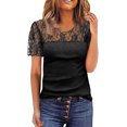 thumbnail image 1 of under $10 Women Lace Splicing Crewneck Solid Tees Top Lace Short Sleeve Slim Fitted T-Shirt Blouse Black,L, 1 of 5