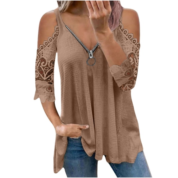 Clearance under $10 Women Plus Size Solid V Neck Tunic Shirt Short Sleeved Long Swing T-shirt Blouse Khaki_B,3XL