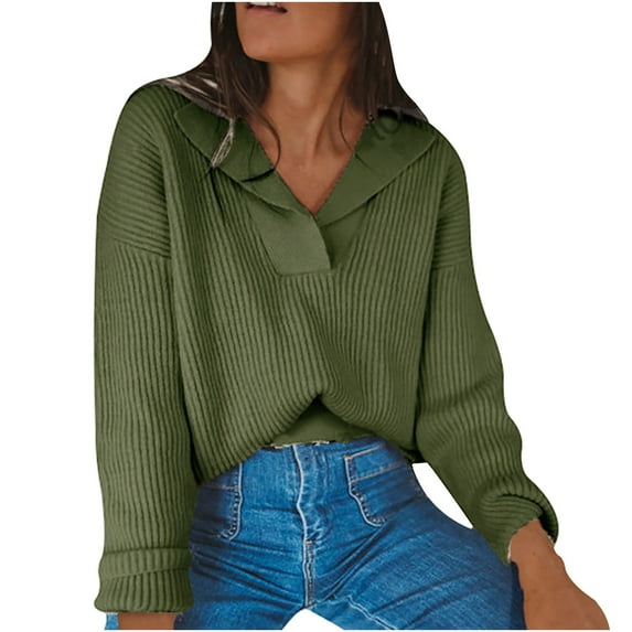 under $5 JINMGG 2023 Fall Winter Plus Size Sweaters for Women ,Ladies Fashion Casual Solid Color Lapel V-neck Pullover Long Sleeve Knitted Sweater