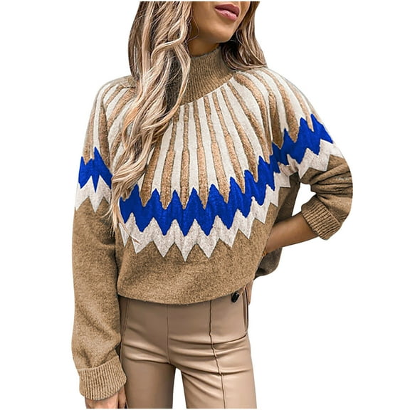 under $5 JINMGG 2025 Fall Winter Plus Size Sweaters for Women ,Women's High Collar Warm Printed Casual Sleeve Knitted Sweater Tops