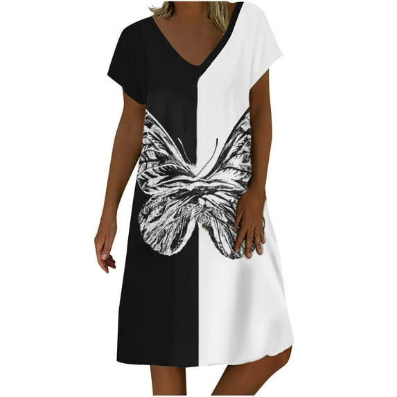 under $5 JINMGG 2025 Summer Plus size Dresses for Women under $10,Women's V-Neck Fashion Casual Temperament Pullover Short Sleeve Print Loose Dress