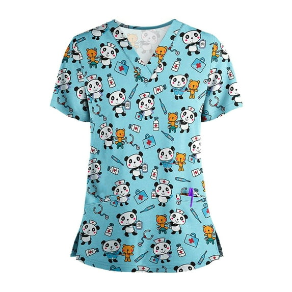 under $5 JINMGG 2025 Womens Plus Size Women Short Sleeve V-neck Tops Working Uniform Cartoon Print Blouse A S