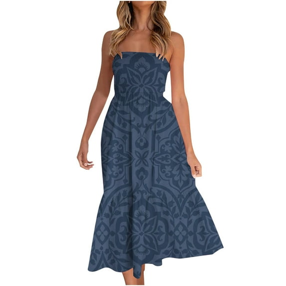 under $5 JINMGG Summer Dresses 2025, Dresses for Women 2025 Women Summer Bohemian Solid Color Casual Strapless Party Long Maxi Dress Navy S