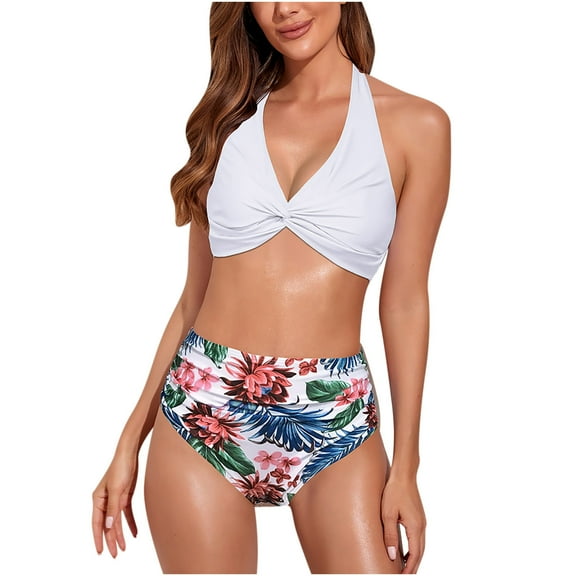 under $5 JINMGG Summer Womens Plus Size Women Fashion Bikini with Chest Pad without Steel Support Strap Split Swimsuit Beach Two Piece Set White L