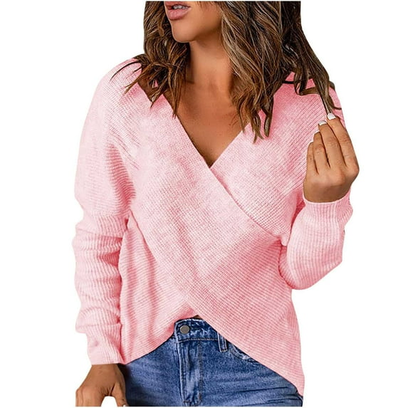 under $5 JINMGG V Neck Sweaters for Women Fall Winter ,Fashion Women Winter Solid Long Sleeve Pullove V-Neck Casual Sweater Tops