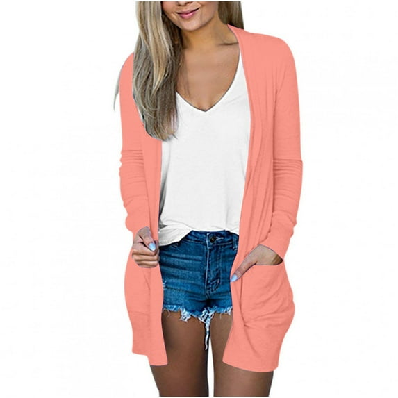 under $5 JINMGG Winter Coats for Women, 2023 Fashion Winter Women's Solid Color Long Sleeve Casual Tops Blouse with Pocket Cardigan Pink XXL
