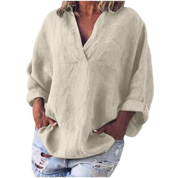 under $5 JINMGG Womens Tops,Women's Fashion Solid Color Tops Long Sleeved Loose Cotton and Linen Loose Shirt Blouse V-Neck Casual Tops,Beige L
