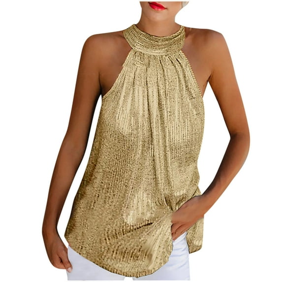 under $5 JINMGG Womens Tops under $5,Women Summer Solid Sequined Sleeveless Casual Halter Top Tank Shirt Vest Gold L