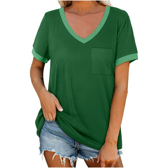 under $5 JINMGG Womens Tops under $5 Women's Fashion Patchwork Short Sleeve Tops V Neck Casual Packets Shirts Loose Blouse Green XL