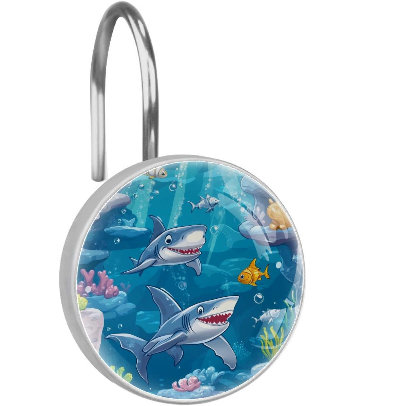 under Sea Sharks Fishes Shower Curtain Hooks Round Crystal Glass, Set of 12 Shower Curtain Rings - Shower Hooks for Curtain Shower Rings