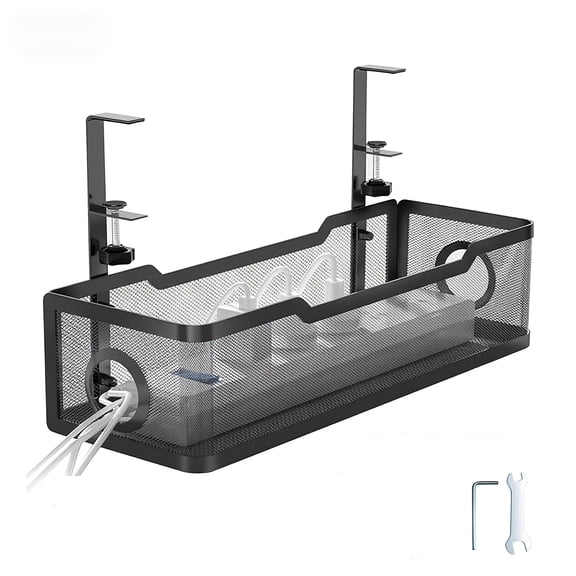 Behome Under Desk Cable Management, Metal Mesh Cord Organizer Under Desk with Clamp Mount, Metal Under Desk Tray with Wire and Cord Organizer, Black