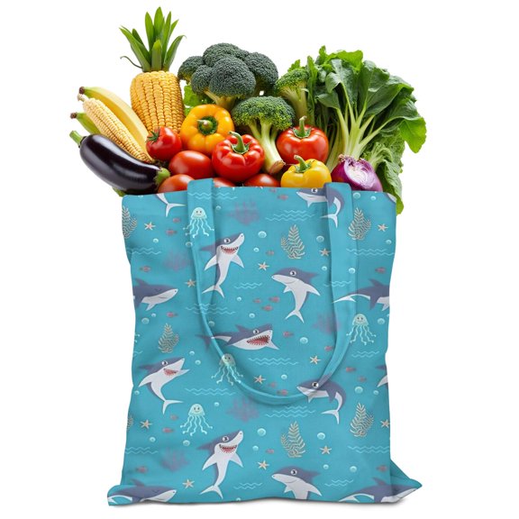 underwater Nautical Canvas Tote Bag with Cute Marine Life and Cartoon Shark Whale Dolphin Print, Durable Eco-Friendly Reusable Shopping Tote, Lightweight Foldable Handbag for Tropical & Ocean Use
