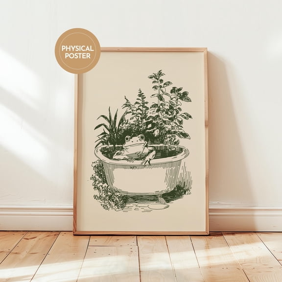 (unframed) Frog in Tub Ink Sketch Poster Vintage Funny Bathroom Art Cottagecore Bath Time Print