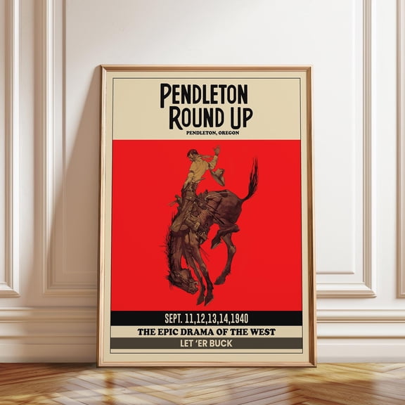(unframed) Pendleton Round-Up Rodeo Poster: Cowboy on Bronco, Western Wall Art