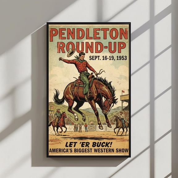 (unframed) Vintage Pendleton Round-Up Poster, Oregon Rodeo Art, Let 'Er Buck Cowboy Print, Retro Western Wall Decor, America's Biggest Western Show