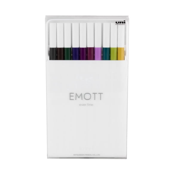 uni Emott Fine Line Marker Pens, Fine Point, 0.4mm, Assorted Ink, 10 Count