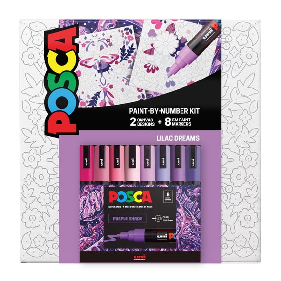 uni POSCA Paint-By-Number Canvas Kit, PC-5M Paint Markers, Lilac Dream, 8 Count