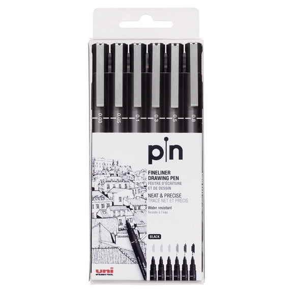 uni Pin Fine Line Drawing Pen, Assorted Point Sizes, Black Ink, 6 Count