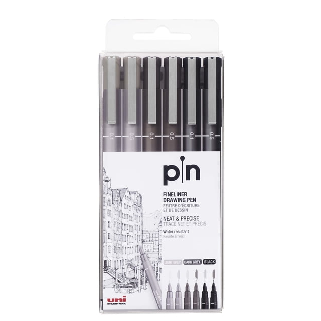 Pin Drawing Sticker uni Pin Fine Line Drawing Pen, Assorted Tips, Black and Grey Ink, 6 ...