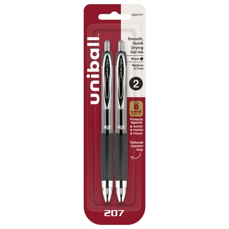 uniball™ 207 Retractable Gel Pens, Medium Point (0.7mm), Black, 2 Pack