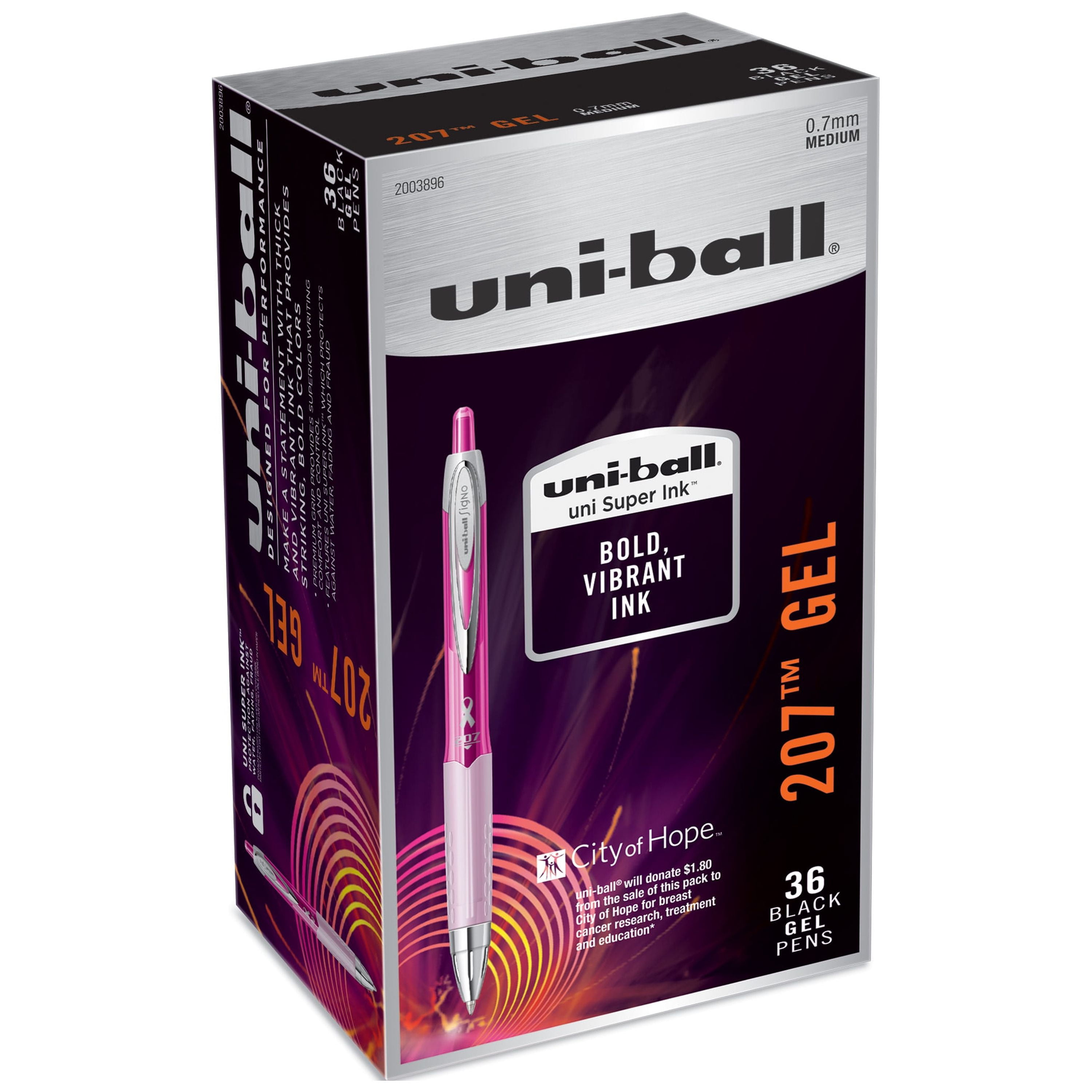 uni-ball 207 Retractable Gel Pens, Medium Point (0.7mm), Black, Pink Ribbon Edition, 36 Count