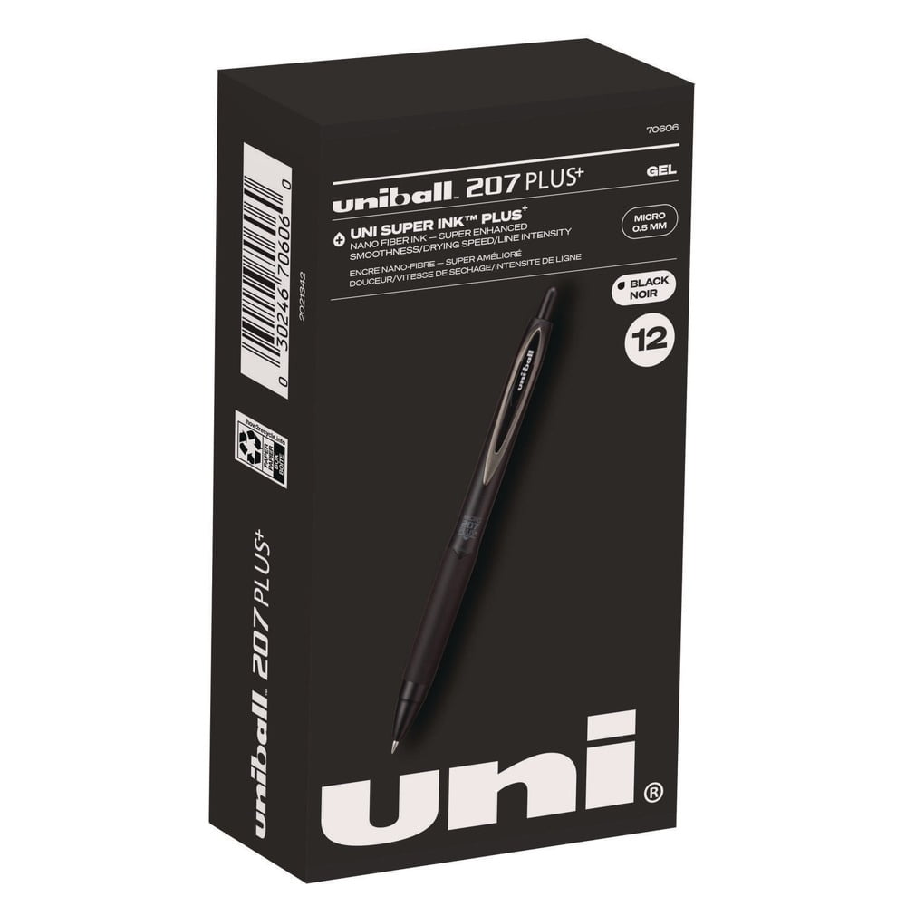 uni-ball 70606 207 Plus+ 0.5 mm Retractable Gel Pen - Black Ink/Black Barrel/Micro (1-Dozen)
