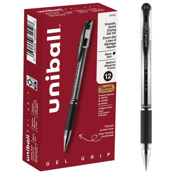 uni-ball Gel Grip Pens, Medium Point, 0.7 mm, Clear Barrel, Black Ink, Pack Of 12
