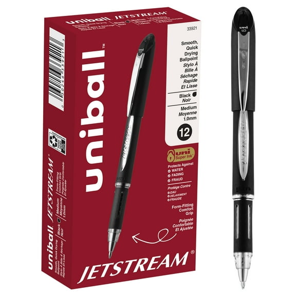 uni-ball Jetstream Ballpoint Pens, Bold Point, 1.0 mm, Black Barrel, Black Ink, Box Of 12